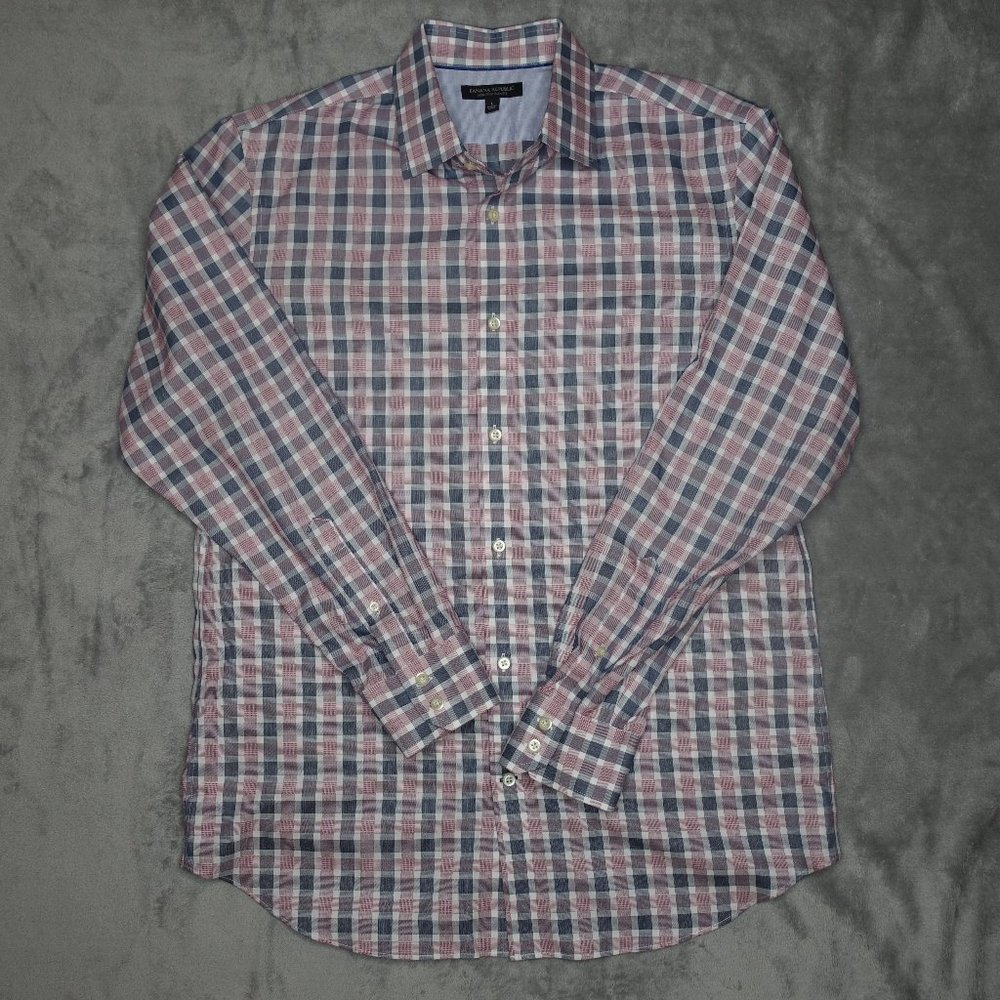 Banana Republic Casual Button Down Check Shirt Men's L Gray Red White Slim Fit